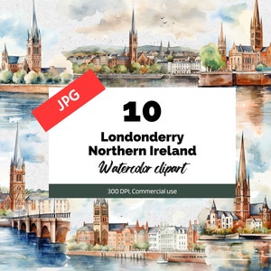 Clipart Londonderry Irlande du Nord, 10 fichiers JPG de haute qualité, usage commercial, téléchargement immédiat, paysage urbain, Royaume-Uni, Royaume-Uni, voyage en Europe