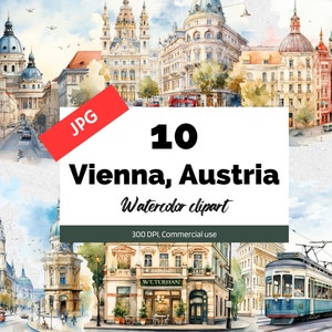Acuarela Viena, Austria clipart, 10 JPG de alta calidad, Uso comercial, Descarga instantánea, Austriaco, Ciudad, Ciudades, Vacaciones, Viajes
