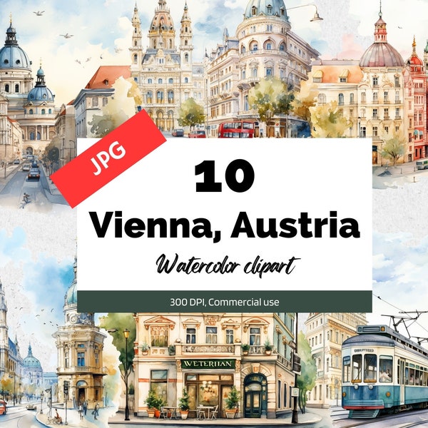 Watercolor Vienna, Austria clipart, 10 High quality JPG, Commercial use, Instant download, Austrian, City, Cities, Vacation, Holiday, Travel