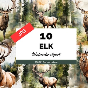 Clipart de alces de acuarela, 10 JPG de alta calidad, Uso comercial, Descarga instantánea, Animal, Bosque, Maderas, Bosque, Naturaleza, Árboles, Fabricación de tarjetas