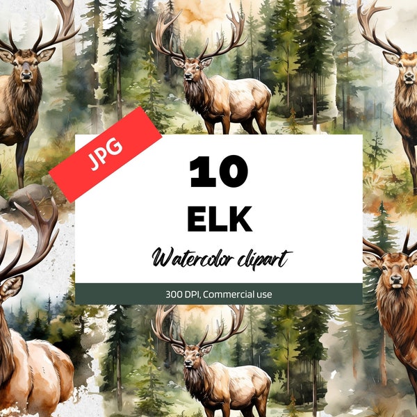 Watercolor elk clipart,  10 High quality JPGs, Commercial use, Instant download, Animal, Forest, Woods, Woodland, Nature, Trees, Card making