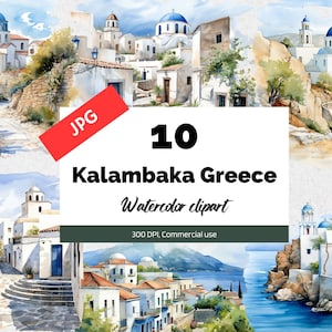 Clipart Kalambaka Grecia, 10 JPG di alta qualità, Uso commerciale, Download istantaneo, Creazione di cartoline, Città greca, Città, Vacanze estive, Vacanze
