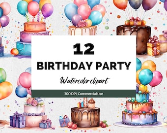 Watercolor birthday Cake Clipart, Birthday Party, Birthday clipart, party clipart, happy birthday, balloons clipart, birthday party