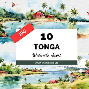 May include: Watercolor clipart set of 10 images featuring tropical scenes of Tonga. The images depict lush green palm trees, turquoise blue water, red-roofed houses, and red birds. The text "10 TONGA Watercolor clipart" is displayed on a white background.