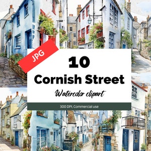 Akvarell cornish gatuklipp, 10 högkvalitativa JPG-bilder, skräpjournal, korttillverkning, kommersiellt bruk, direktnedladdning, scrapbook-bilder