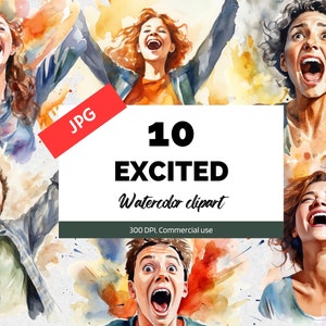 Aufgeregte Person Clipart, 10 Hochwertige JPGs, Kommerzielle Nutzung, Sofortiger Download, Aufregung, Glück, Hochstimmung, Lotterie, Jobförderung, Glück