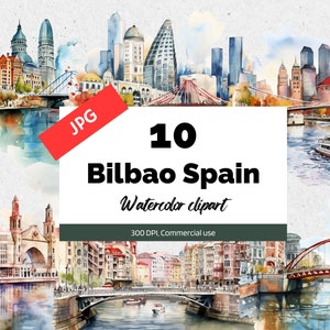 Clipart de Bilbao Espanha, 10 JPG de alta qualidade, uso comercial, download instantâneo, cidades espanholas, férias, feriados, cidade, viagem, feriados, arte