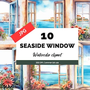 Finestra in riva al mare clipart, clipart vacanze estive, uso commerciale, download istantaneo, design di cartoline, creazione di carte, Scrapbooking