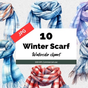 Watercolor winter scarf clipart, 10 High quality JPGs, Commercial use, Instant download, Winter fashion, Winter illustration, Winter graphic