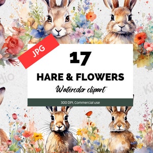 Watercolor Hare With Flower Clipart, JPG, Commercial Use, Scrapbooking, Junk Journal, Instant Download