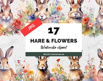 Watercolor Hare With Flower Clipart, JPG, Commercial Use, Scrapbooking, Junk Journal, Instant Download