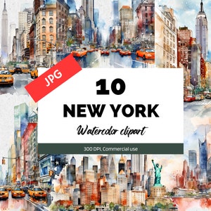 Imágenes prediseñadas de la ciudad de Nueva York en acuarela, 10 JPG de alta calidad, imágenes prediseñadas de la ciudad, imágenes prediseñadas de vacaciones, imágenes prediseñadas de verano, uso comercial, descarga instantánea