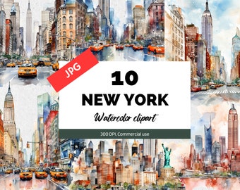 Watercolor New York City clipart, 10 High quality JPGs, City cliparts, Vacation clip art, Summer clip arts, Commercial use, Instant download