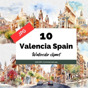 May include: A set of 10 watercolour illustrations of Valencia, Spain. The illustrations depict various street scenes with buildings, trees, and people. The text "10 Valencia Spain Watercolor clipart 300 DPI, Commercial use" is visible in the image.