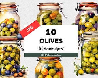 Watercolor olive jar clipart, 10 High quality JPGs, Commercial use, Instant download, Olives clip art, Food graphics, Recipes cookbook art