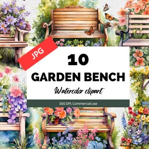 Watercolor garden bench clipart, 10 High quality JPGs, Park bench, Garden clip art, Commercial use, Instant download, Scrap book images