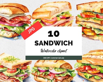 Clipart akwarelowy kanapki, 10 wysokiej jakości JPG, Clip art śniadaniowy, Kanapki akwarelowe, Fast food, Wykorzystanie komercyjne, Clip art jedzenie