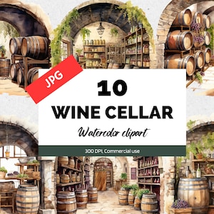 Clipart della cantina dell'acquerello, 10 JPG di alta qualità, Degustazione di vini, Uso commerciale, Vino d'uva, Botte di legno, ClipArt di Francia, Scrapbook