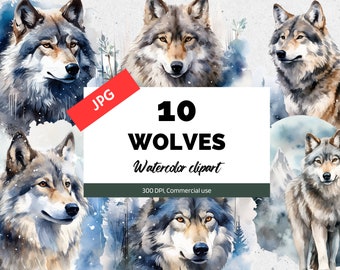Watercolor winter wolves clipart, 10 High quality JPGs, Card making, Winter animal, Winter wonderland, Forest clipart, Commercial use, Wolf