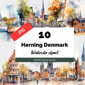 Puede incluir: Una ilustración de acuarela de 10 escenas diferentes de la ciudad de Herning, Dinamarca. Las ilustraciones presentan edificios, calles y personas. El texto "10 Herning Denmark Watercolor clipart 300 DPI, Commercial use" es visible en la imagen.