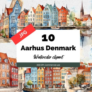 Clipart de Aarhus Dinamarca, 10 JPG de alta qualidade, uso comercial, download instantâneo, europeu, cidade, cidade, paisagem urbana, cidades, viajante, dinamarqueses