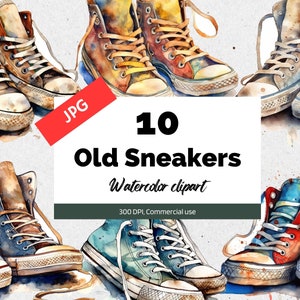 Watercolor old sneakers clipart, 10 High quality JPGs, Commercial use, Instant download, Vintage shoes, Back to school, Card making, Retro
