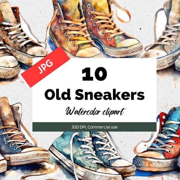 Watercolor old sneakers clipart, 10 High quality JPGs, Commercial use, Instant download, Vintage shoes, Back to school, Card making, Retro