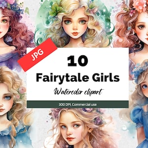 Watercolor fairytale girl clipart, 10 High quality JPGs, Commercial use, Instant download, Fantasy graphics, Princess clip art illustration