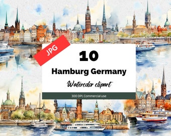 Hamburg Germany clipart, 10 High quality JPGs, Commercial use, Instant download, German city, European sightseeing, Travel, Vacation, Trip