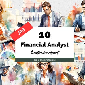 Imágenes prediseñadas de analista financiero de acuarela. 10 JPG de alta calidad, Uso comercial, Descarga instantánea, Finanzas, Datos, Gráfico, Carrera, Ocupación, Trabajo
