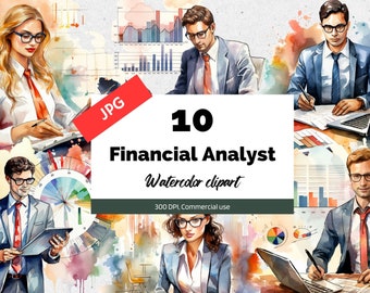 Watercolor financial analyst clipart. 10 High quality JPG, Commercial use, Instant download,  Finances, Data, Chart, Career, Occupation, Job