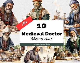 Clipart de médecin médiéval à l'aquarelle, 10 JPG de haute qualité, Utilisation commerciale, Téléchargement instantané, Graphiques fantastiques, Temps médiéval, Graphique biblique