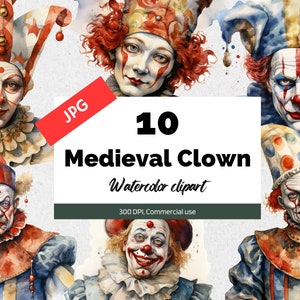 Acuarela payaso medieval clipart, 10 JPG de alta calidad, Uso comercial, Descarga instantánea, Fantasía, Edad media, Antiguo, Bufón, Antiguo