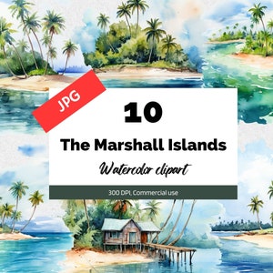 Clipart des îles Marshall, 10 fichiers JPG de haute qualité, usage commercial, téléchargement immédiat, fabrication de cartes, vacances, voyage, carte postale, complexe hôtelier, été