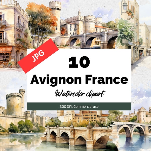 Avignon France clipart, 10 High quality JPG, Commercial use, Instant download, French city, Travel, Vacation, Cityscape, Card making, art