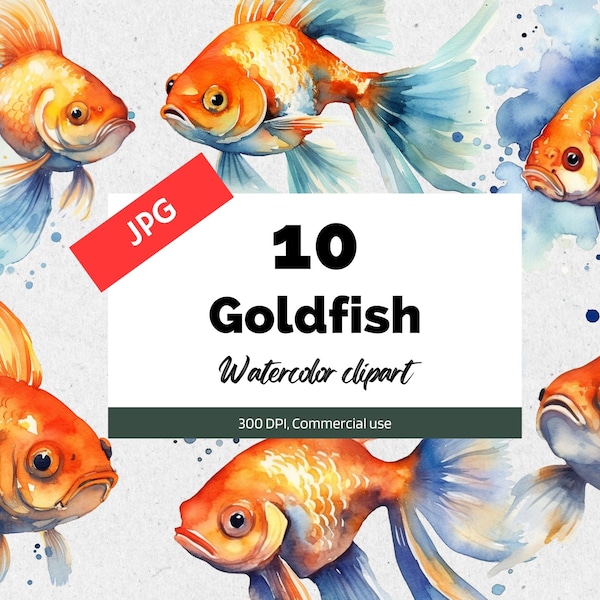 Watercolor goldfish clipart, 10 High quality JPGs, Commercial use, Instant download, Digital paper craft, Animal clip art, Card making