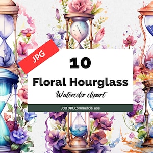 May include: Ten watercolour illustrations of floral hourglasses. Each hourglass is surrounded by flowers in shades of pink, purple, and blue. The hourglasses are all different shapes and sizes, and some have a clock face instead of sand.