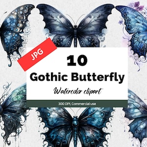 Aquarell gothic Schmetterling Clipart, 10 hochwertige JPGs, kommerzielle Nutzung, Sofort download, Schmetterlinge, dunkelblau, schwarz, Fantasy, Vampir