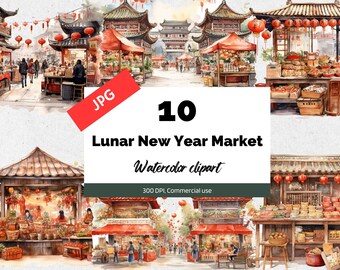 Watercolor lunar new year market clipart, 10 high quality JPG, Commercial use, Instant download, Commercial use, Card making, Asian new year