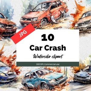 Aquarel auto-ongeluk clipart, 10 hoge kwaliteit JPG's, commerciële licentie, Instant download, kaart maken, ongevallen, dronken bestuurder, ongeval