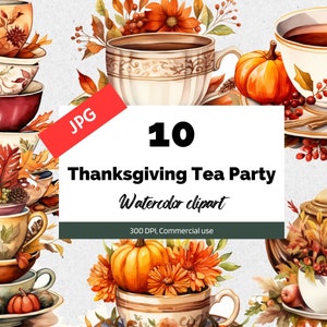 Clipart del tea party del Ringraziamento, 10 JPG di alta qualità, Uso commerciale, Download istantaneo, Tè alla zucca, Autunno, Autunno, Fiori, Creazione di carte