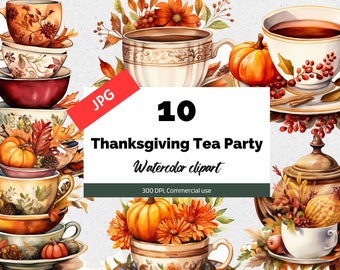 Thanksgiving tea party clipart, 10 High quality JPGs, Commercial use, Instant download, Pumpkin teas, Autumn, Fall, Flowers, Card making