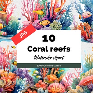 Watercolor tropical reef clipart, 10 High quality JPGs, Ocean seascape coral reefs, Beach, Summer vacation, Commercial  use, Card making