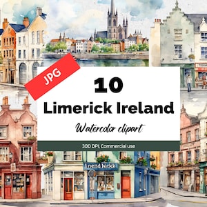 Limerick Ireland clipart, 10 JPGs de alta qualidade, uso comercial, download instantâneo, criação de cartões, irlandês, cidades, férias de verão, feriados, cidade