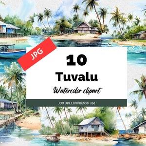 Aquarelle Tuvalu clipart, 10 JPG de haute qualité, Utilisation commerciale, Téléchargement instantané, Fabrication de cartes, Vacances, Voyage, Carte postale, station balnéaire, Été
