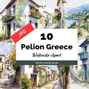 Pelion Grèce clipart, 10 JPG de haute qualité, Utilisation commerciale, Téléchargement instantané, Fabrication de cartes, Grec, Villes, Vacances d’été, Vacances, Ville