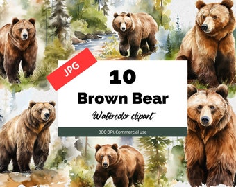 Watercolor brown bear clipart,  10 High quality JPGs, Commercial use, Instant download, Wild animals, Wildlife, Camping, Forest, Woodlands