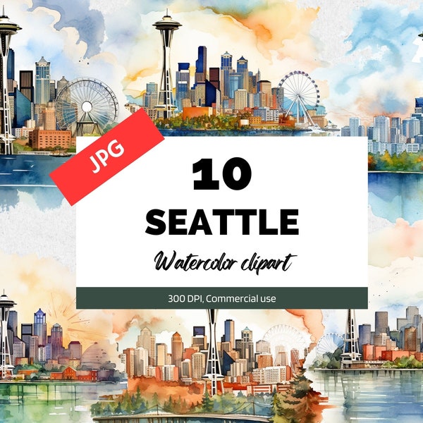 Watercolor Seattle clipart, 10 High quality JPGs, Commercial use, Instant download, Card making, American, America, USA, Cities, Cityscape