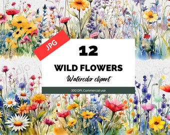 12 Watercolor Wildflowers Clipart JPG, Commercial license, Instant download, Digital journal, Journaling, Scrapbooking