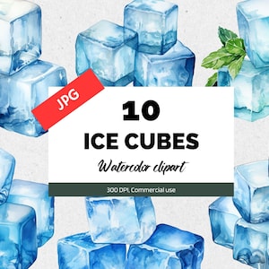 Clipart de cubos de gelo em aquarela, 10 JPGs de alta qualidade, uso comercial, download instantâneo, coquetel, bebidas geladas, livro de receitas, livro de receitas, culinária